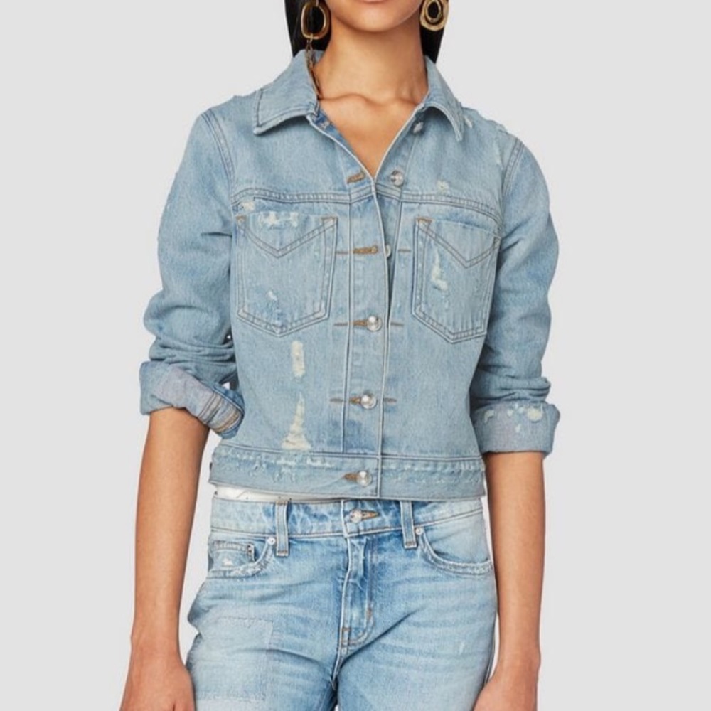 Distressed cropped denim jacket